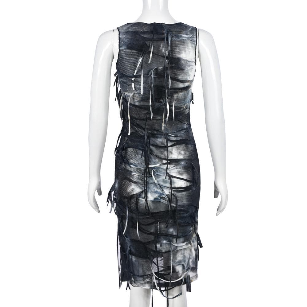 Tie dye button tassels square neck tank midi dress