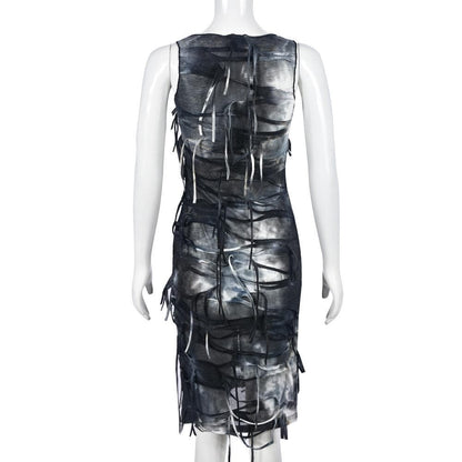 Tie dye button tassels square neck tank midi dress
