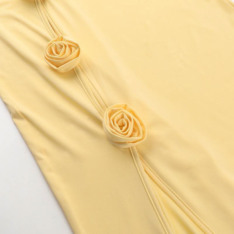 Irregular high slit flower applique long sleeve maxi dress