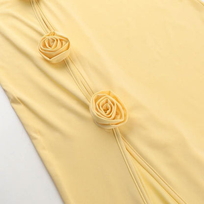 Irregular high slit flower applique long sleeve maxi dress