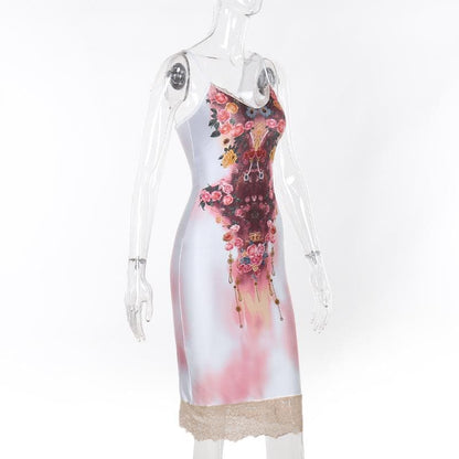 Lace hem flower print v neck cami midi dress