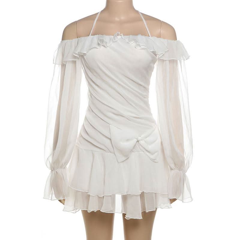 Halter off shoulder chiffon bowknot ruffle mini dress