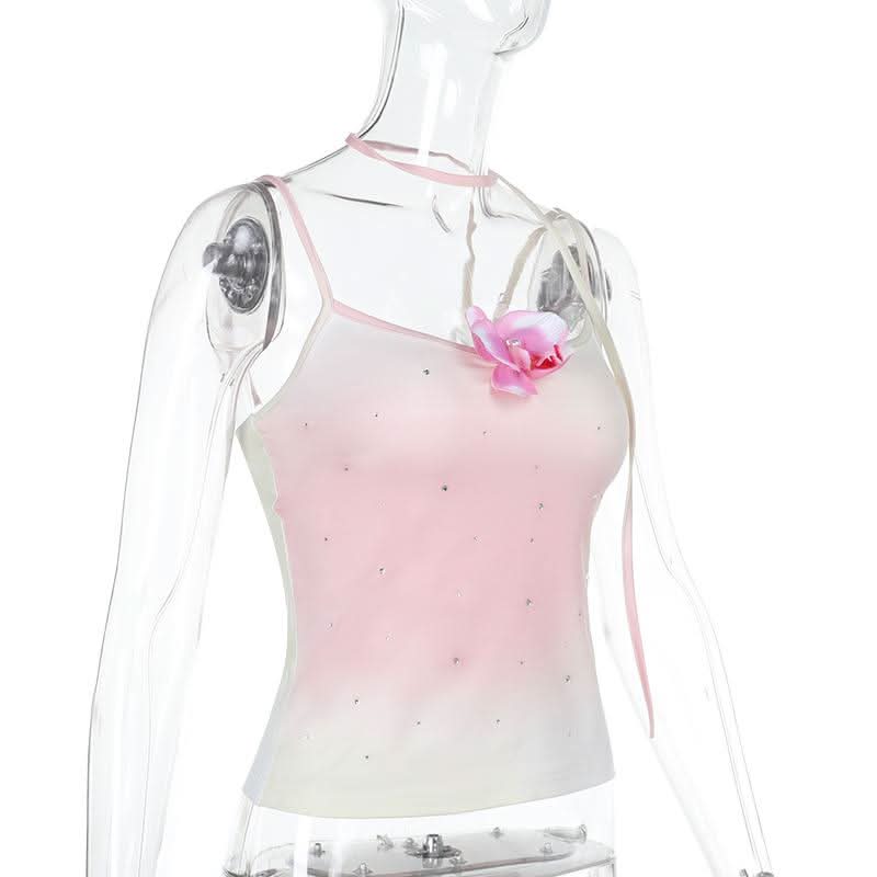 U neck gradient beaded flower applique cami top