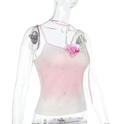 U neck gradient beaded flower applique cami top