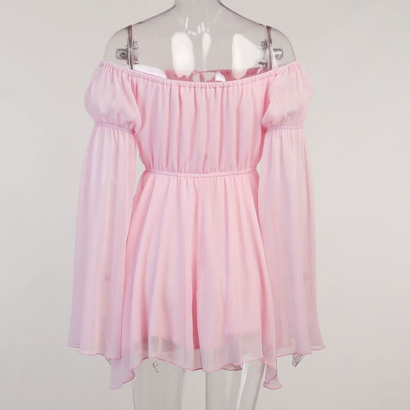 Off shoulder long flared self tie mini dress