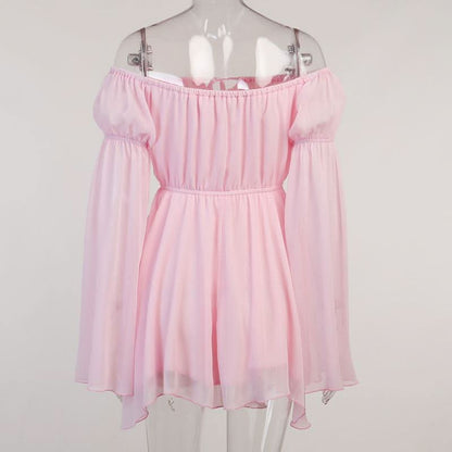 Off shoulder long flared self tie mini dress