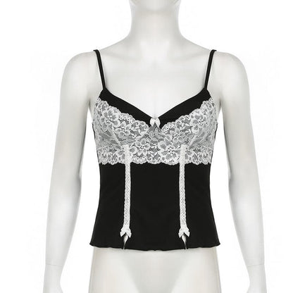 V neck lace hem bowknot cami top