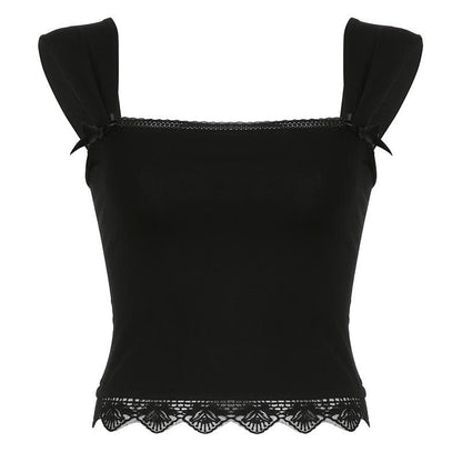 Square neck solid lace hem lace up crop top