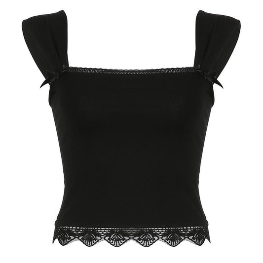 Square neck solid lace hem lace up crop top