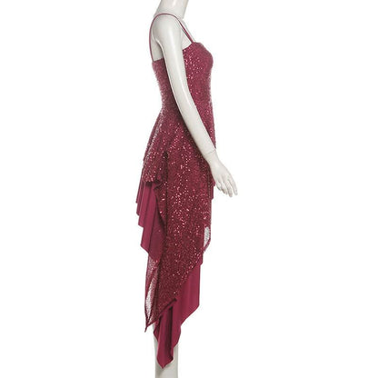 Square neck glitter irregular cami mini dress