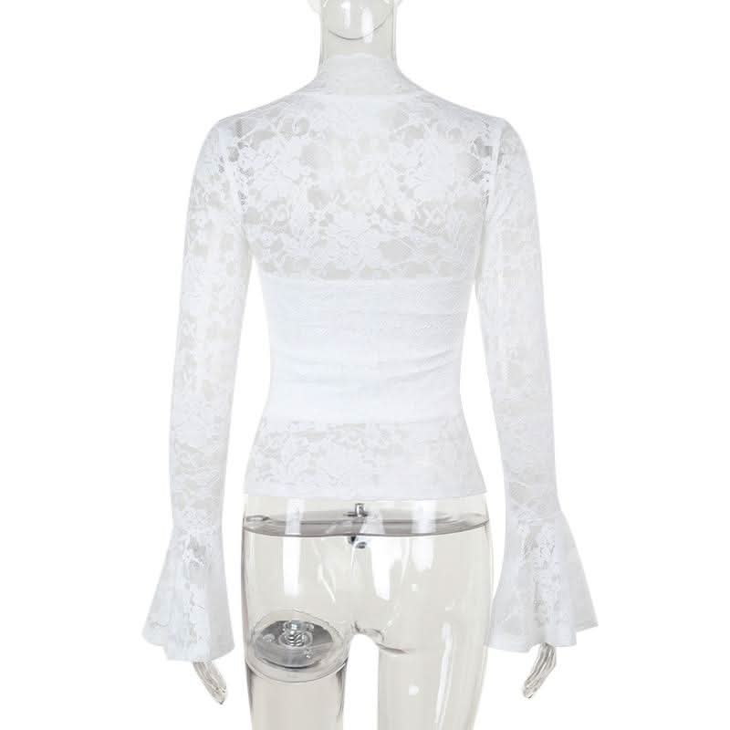 Long flared sleeve v neck lace solid top