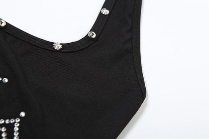 Halter beaded square neck cross pattern mesh top