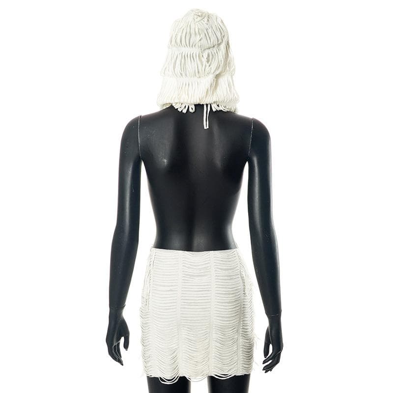 Layered Fringe Strip Cut Out Deep V Neck Sleeveless Backless Mini Dress