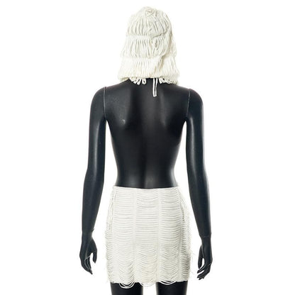 Layered Fringe Strip Cut Out Deep V Neck Sleeveless Backless Mini Dress