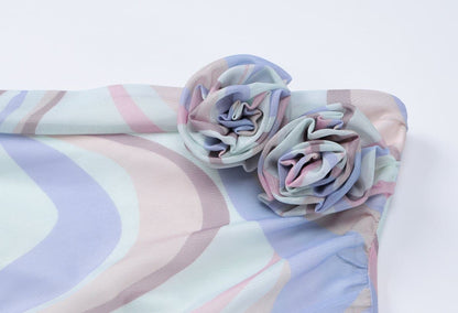 Rose applique ruched contrast mesh tube maxi dress