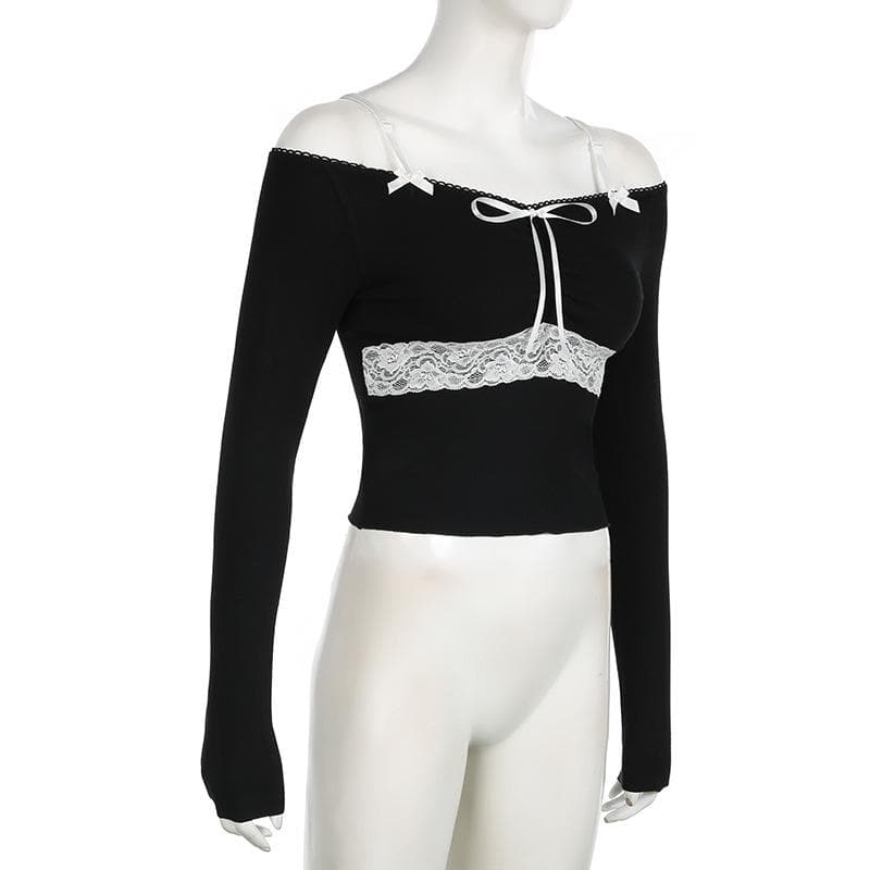Off shoulder long sleeve lace hem bowknot top