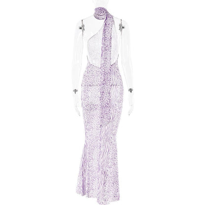 Halter one shoulder leopard print sheer mesh maxi dress