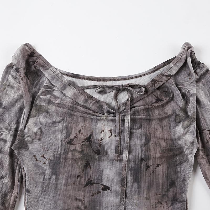 Long sleeve butterfly print mesh self tie top