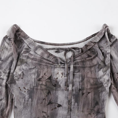 Long sleeve butterfly print mesh self tie top