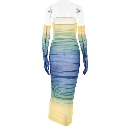 Sheer mesh see through gradient gloves ruched tube maxi dress