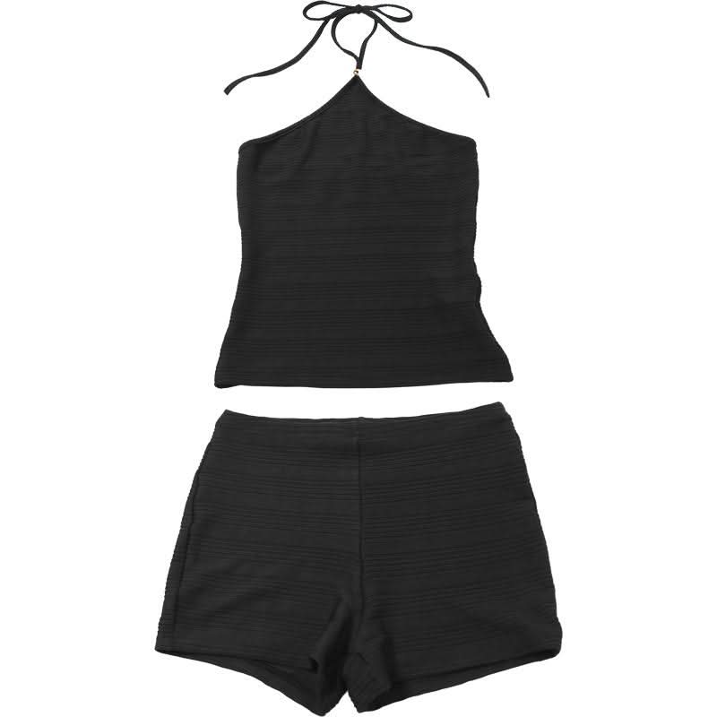 Halter backless textured solid short pant set