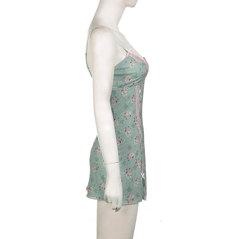 Lace hem bowknot print mesh slit cami mini dress