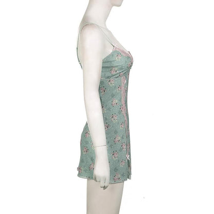 Lace hem bowknot print mesh slit cami mini dress