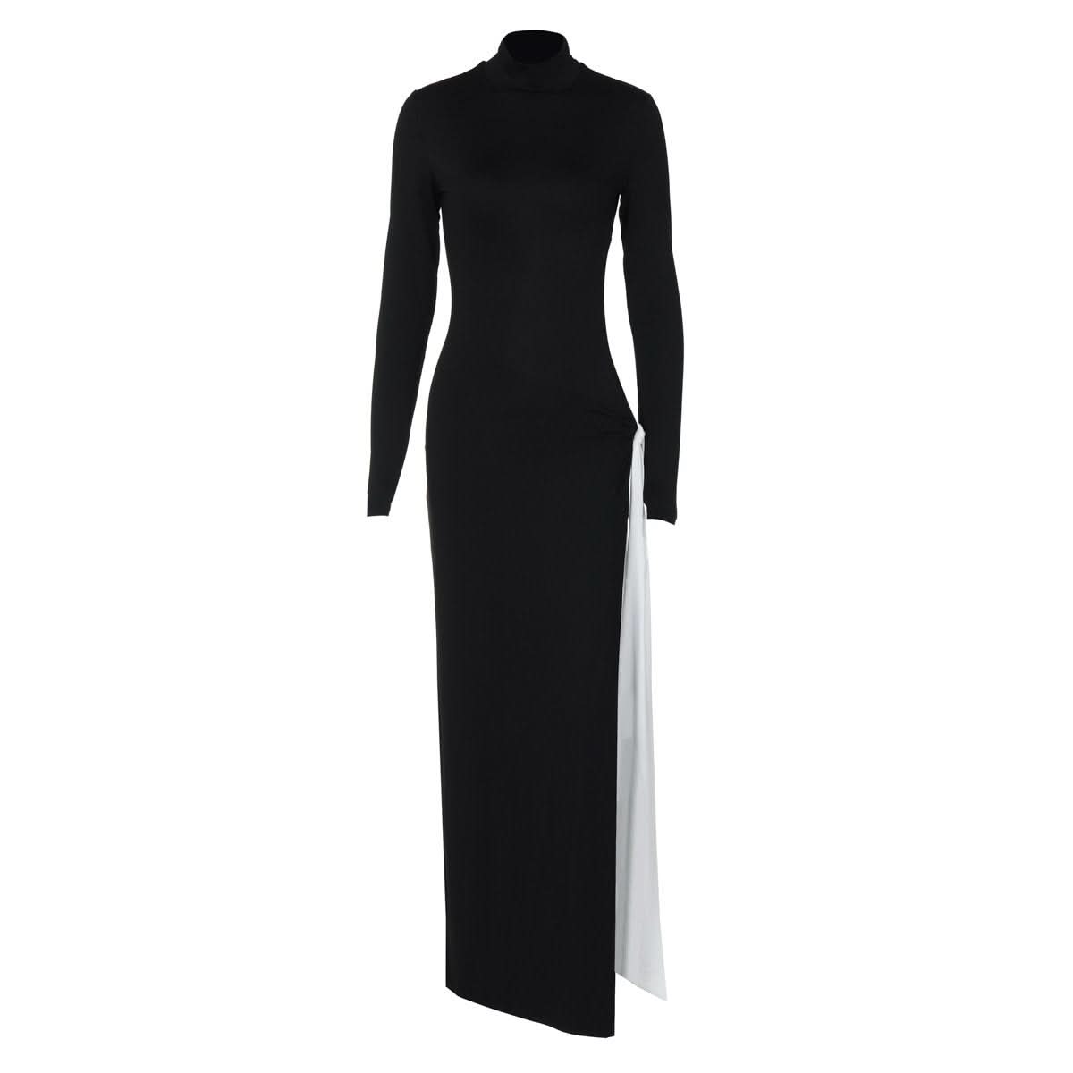 High neck long sleeve hollow out slit knotted cut out maxi dress
