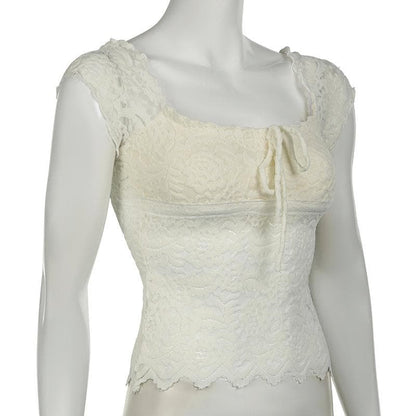 Cap sleeve square neck bowknot lace ruffle top