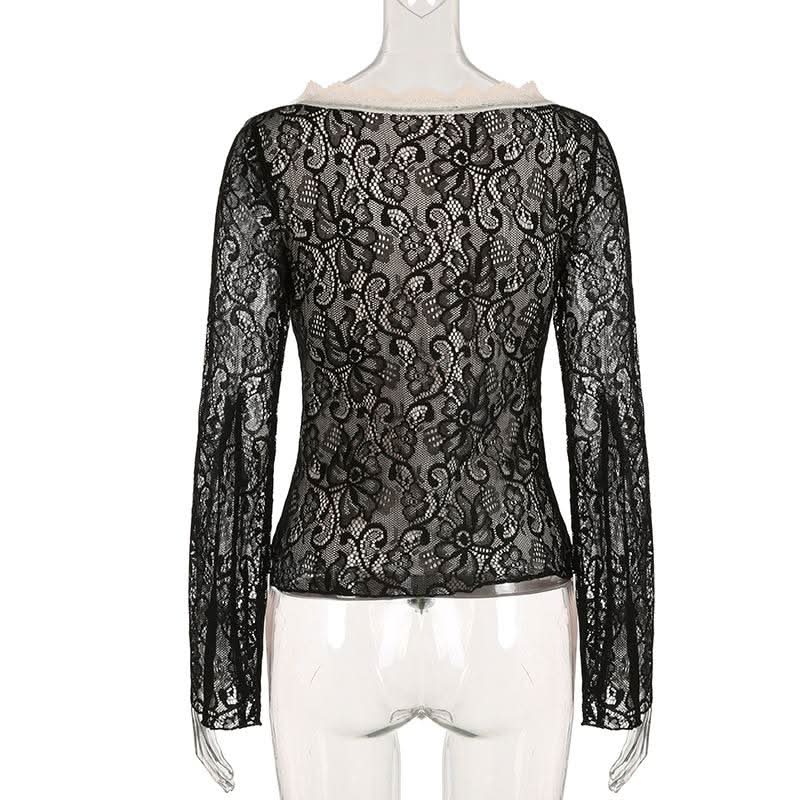 Long flared sleeve lace bowknot top