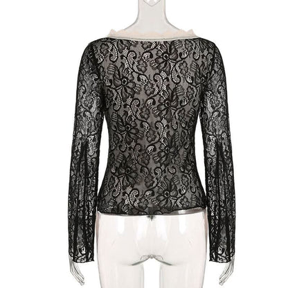 Long flared sleeve lace bowknot top