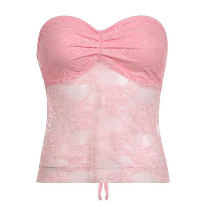 Lace solid ruched sweetheart neck backless self tie tube top