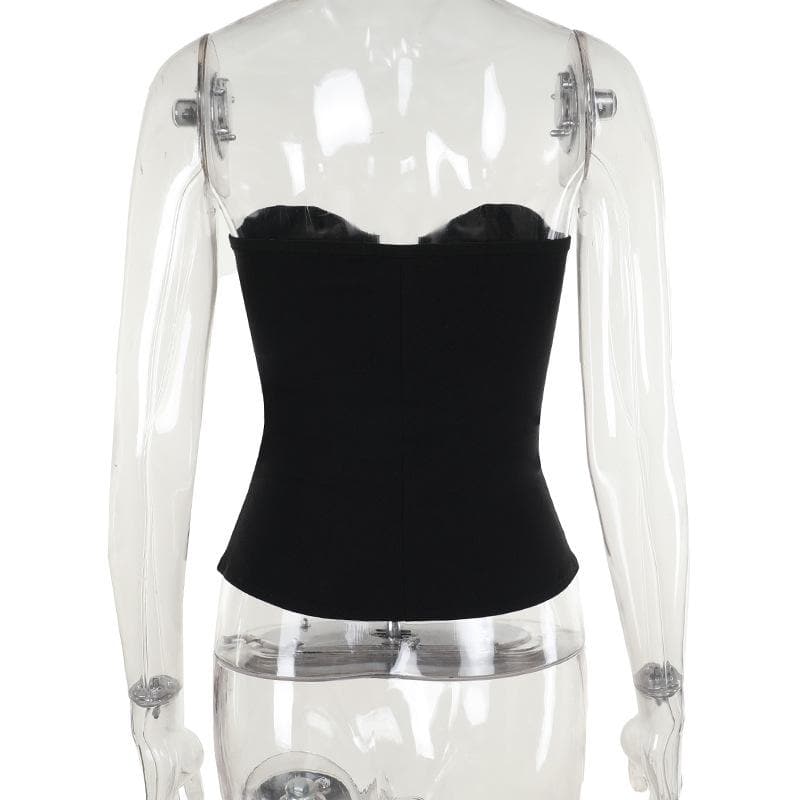 PU leather patchwork buckle zip-up tube top