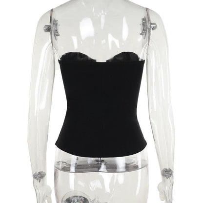 PU leather patchwork buckle zip-up tube top