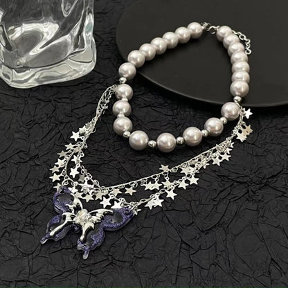 Butterfly star pattern faux pearl choker necklace