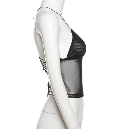 Sheer mesh butterfly applique see through backless solid top