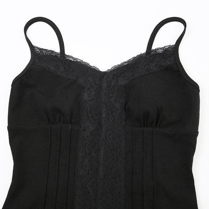 Stitch v neck lace hem backless solid cami top