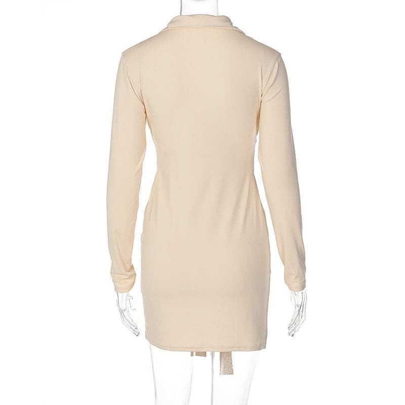 Deep V Neck Collar Tie Waist Long Sleeve Mini Dress
