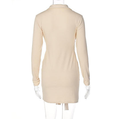 Deep V Neck Collar Tie Waist Long Sleeve Mini Dress