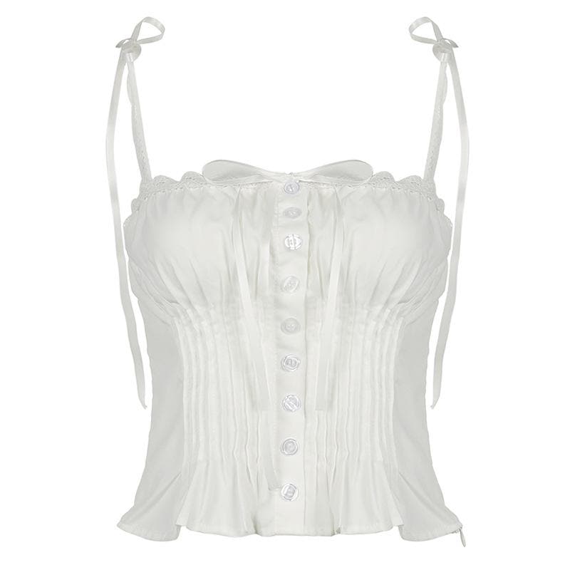 Ruched lace hem button bowknot ribbon cami top