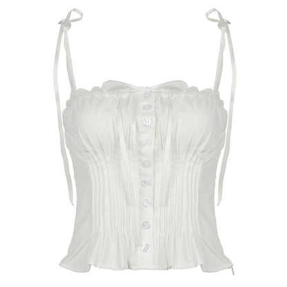 Ruched lace hem button bowknot ribbon cami top