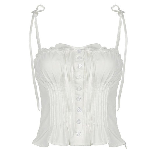 Ruched lace hem button bowknot ribbon cami top