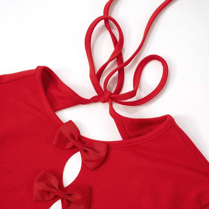 Bowknot long sleeve crewneck hollow out self tie cut out top