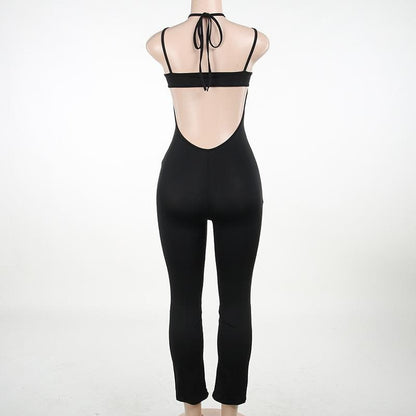 Lace up hollow out halter o ring backless solid jumpsuit