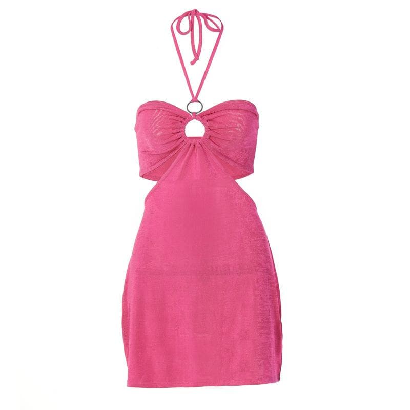 Halter O-Ring Cutout Side Waist Textured Bodycon Mini Dress