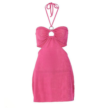 Halter O-Ring Cutout Side Waist Textured Bodycon Mini Dress