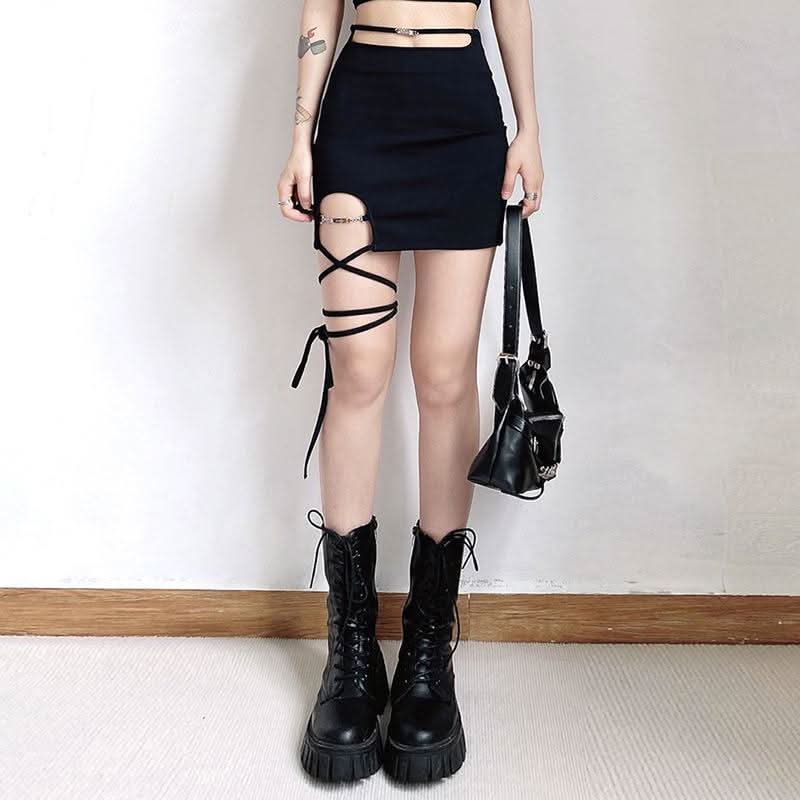 Hollow out metal chain self tie zip-up cut out mini skirt