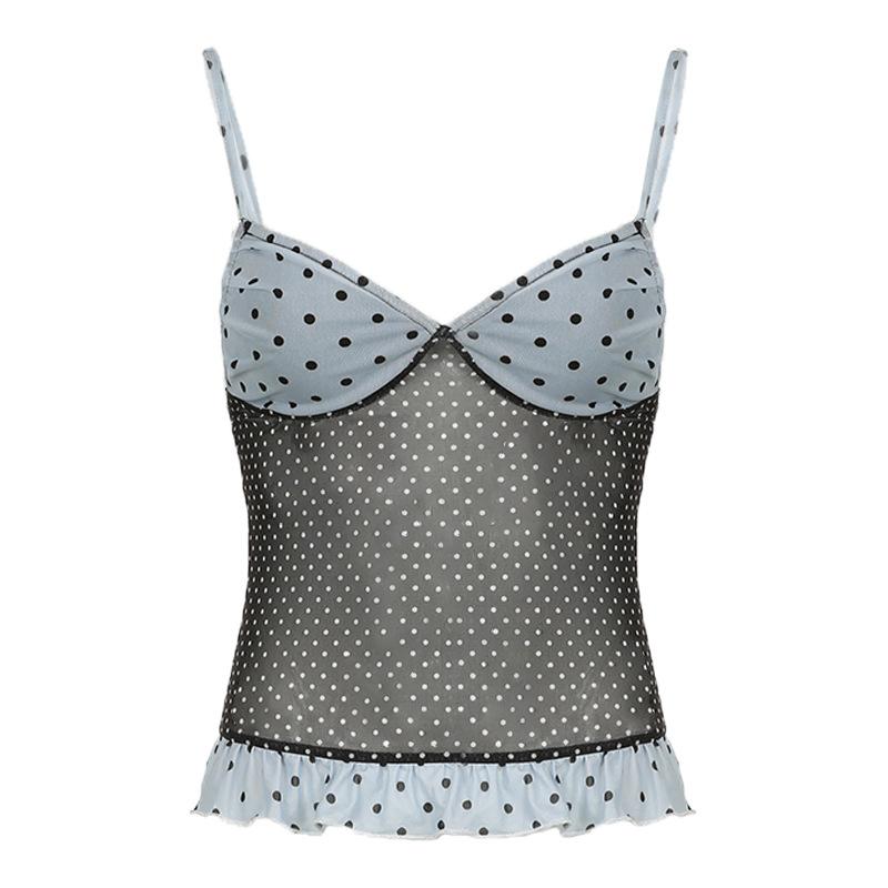 Ruffle polka dot mesh low cut contrast cami top