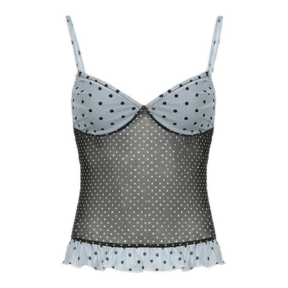 Ruffle polka dot mesh low cut contrast cami top