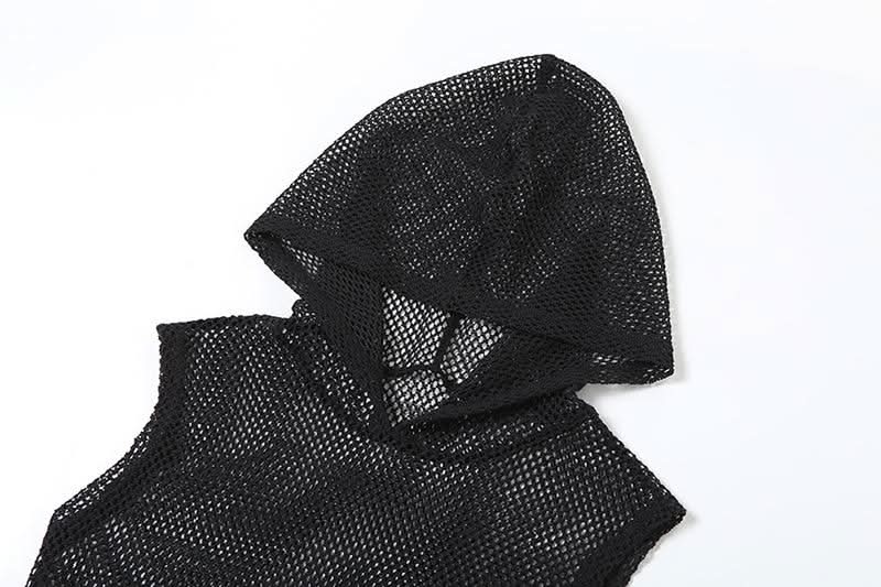 Hoodie sleeveless fishnet slit top